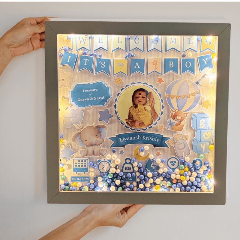 Personalised Baby Birth Details Photo Frame with LED Lights & Decorative Balls | Blue | Custom Baby Photo Frame for Newborns, Nursery & Giftings