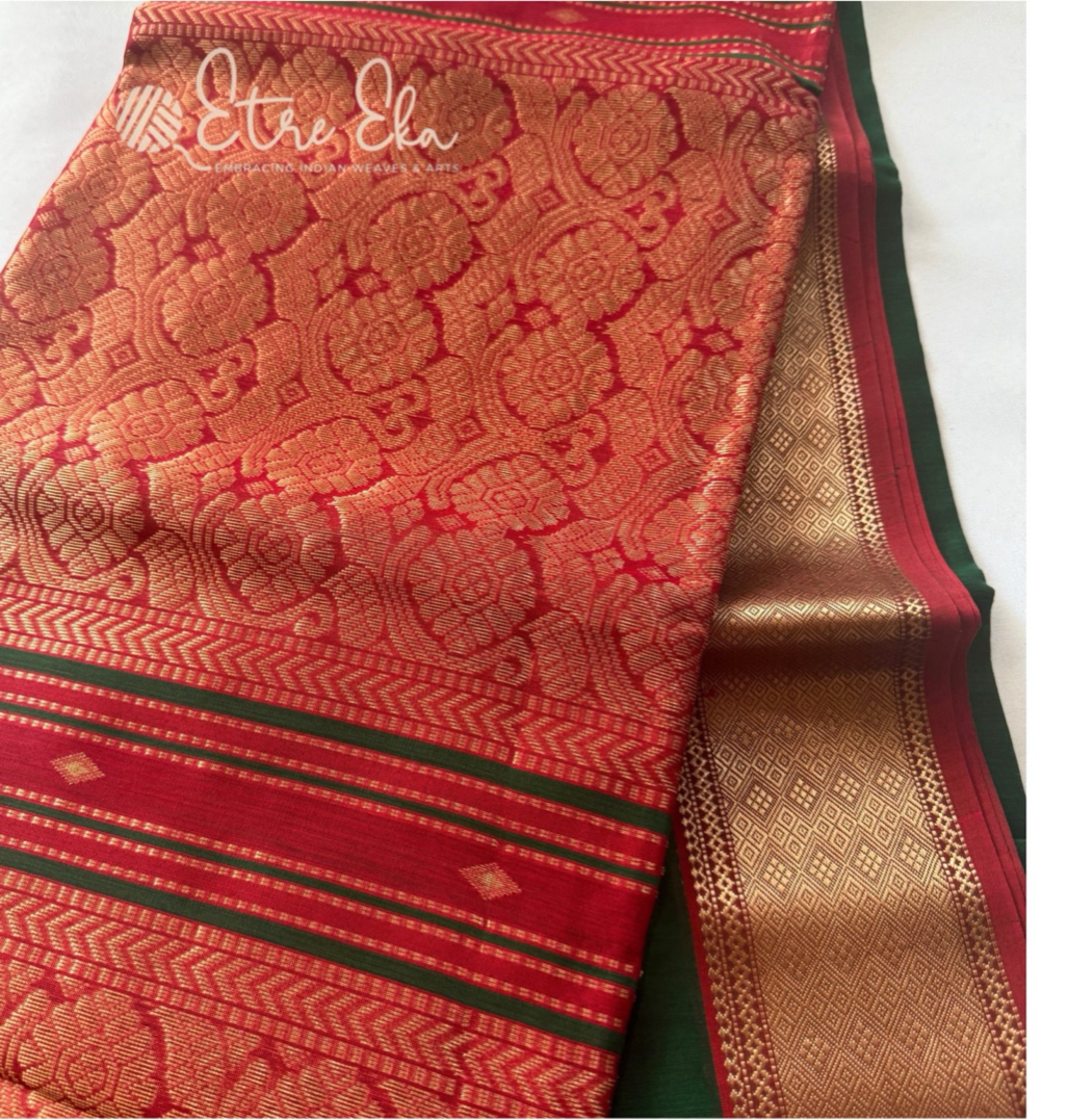 Elegant Maheswari Silk Saree Handwoven Dark Green Saree with Zari woven Red Border and Pallu