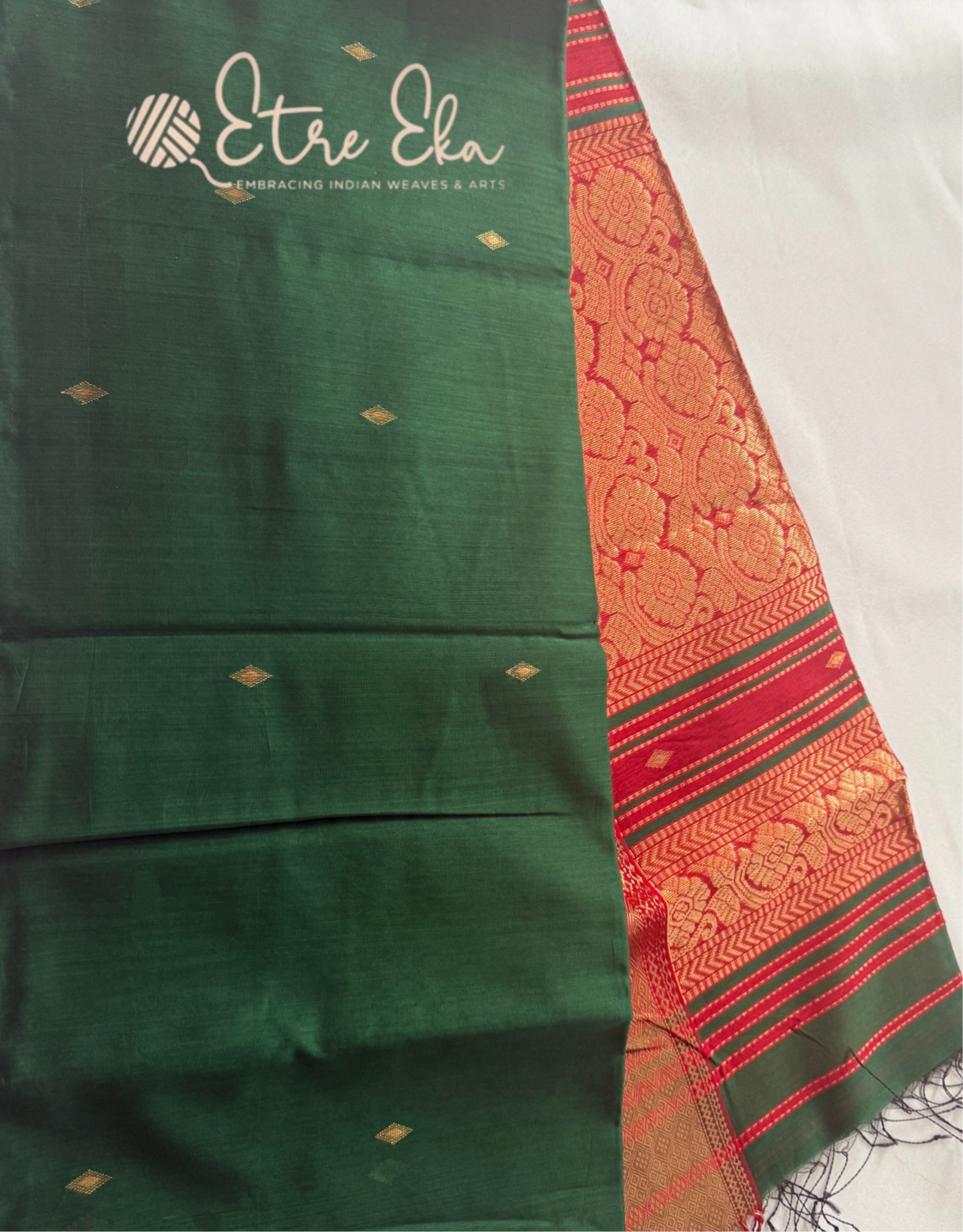 Elegant Maheswari Silk Saree Handwoven Dark Green Saree with Zari woven Red Border and Pallu