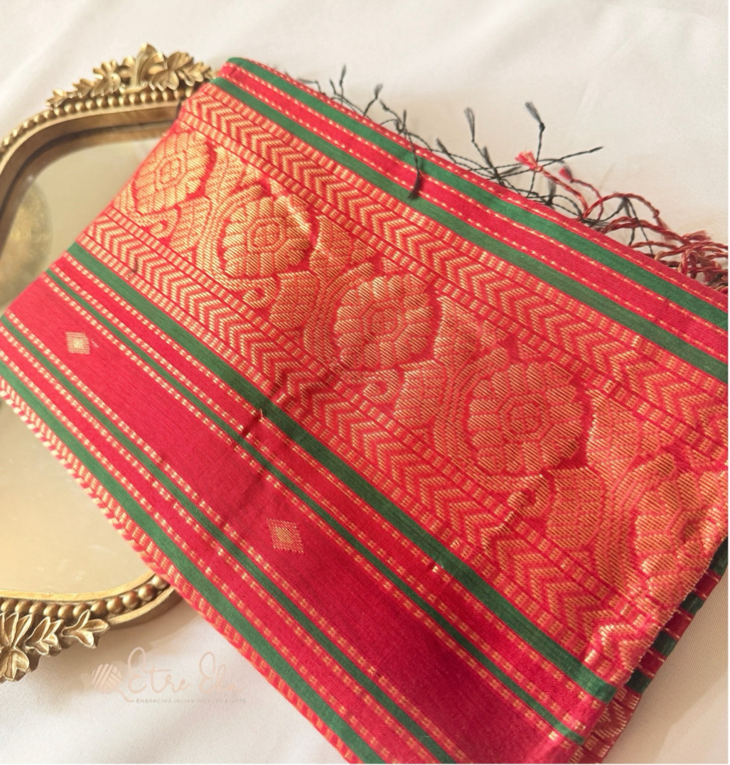 Elegant Maheswari Silk Saree Handwoven Dark Green Saree with Zari woven Red Border and Pallu