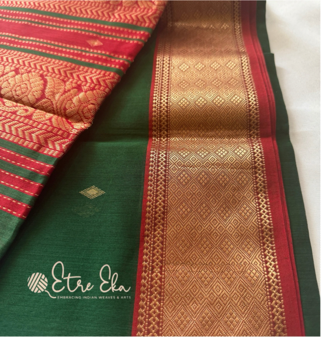 Elegant Maheswari Silk Saree Handwoven Dark Green Saree with Zari woven Red Border and Pallu