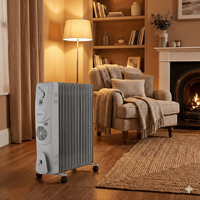 Adjustable thermostat and power selection switches on Usha 4211 F heater.