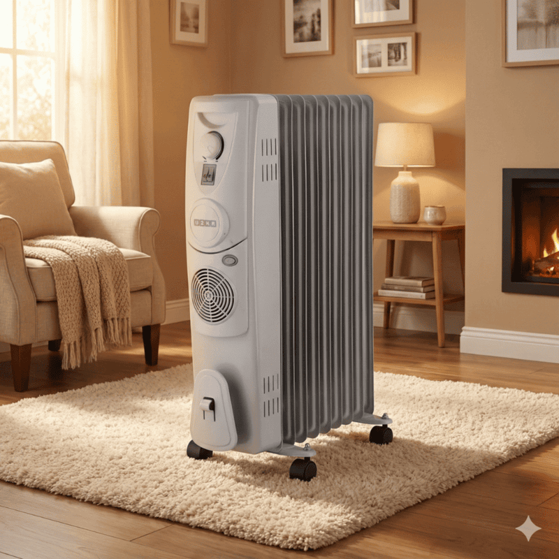 Front view of white Usha 4209 F OFR room heater with castor wheels.