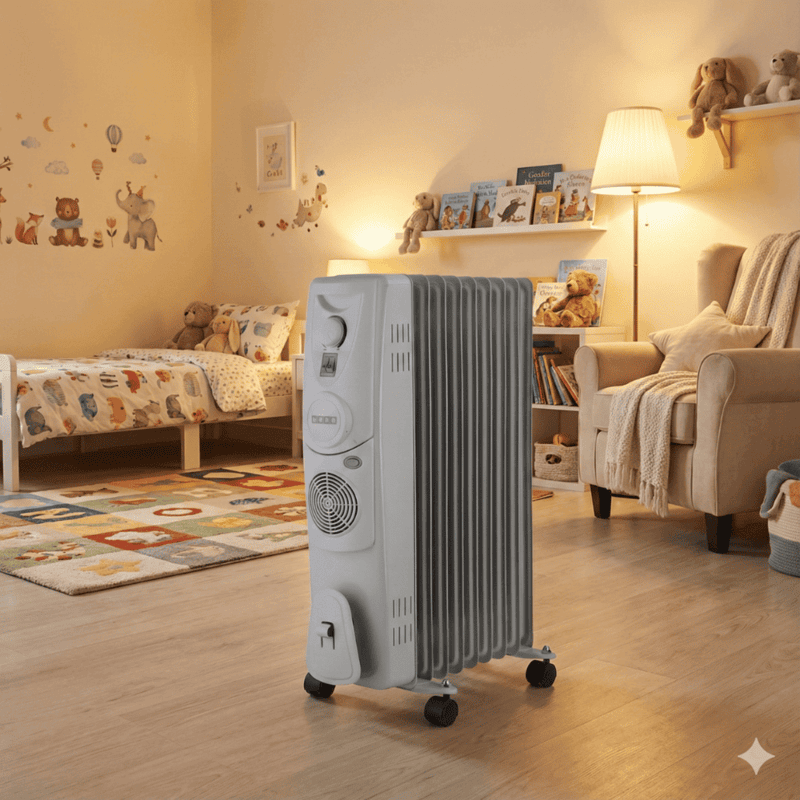 Usha 4209 F 9-fin oil filled radiator with built-in PTC fan.