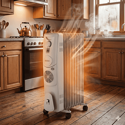 Side angle of Usha 4209 F radiator showing cord storage and handle. Side angle of Usha 4209 F radiator showing cord storage and handle.