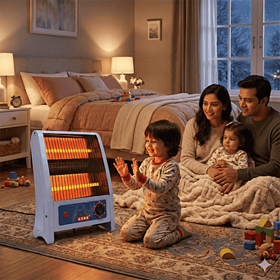 Side profile of Usha QH4302 heater displaying the integrated carry handle and sturdy legs.