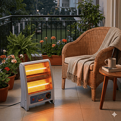 Usha Quartz Room Heater QH4302 featuring a tip-over safety switch at the base.