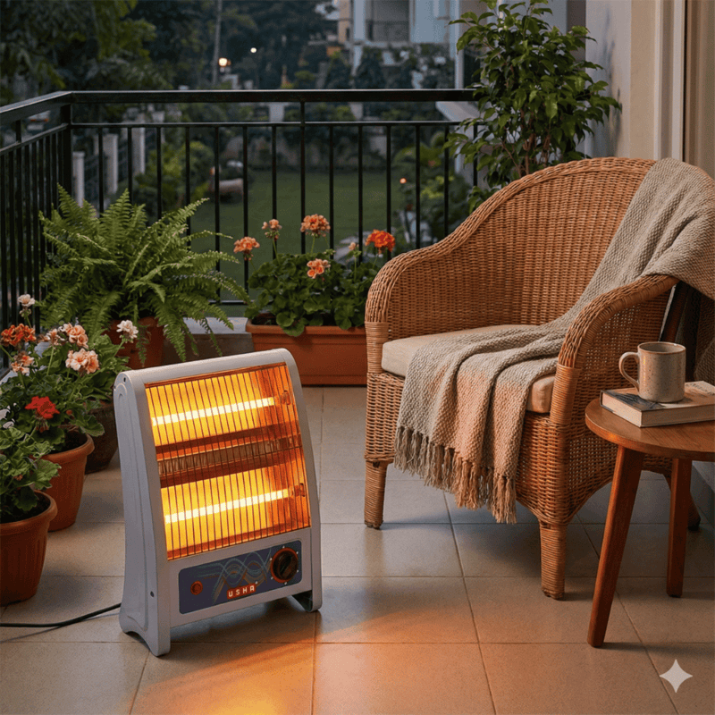 Usha Quartz Room Heater QH4302 featuring a tip-over safety switch at the base.