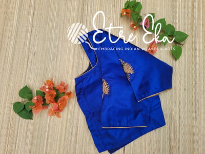 Saree Blouse.Silk Blouse with Golden Piping for Neck and Sleeves, Hand Embroidery on Sleeves