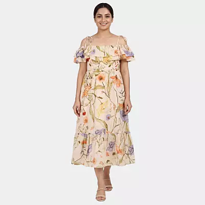 VESTIDO MIDI ESCALONADO FRUNCIDO DE ALGODÓN COLOR MELOCOTÓN - L