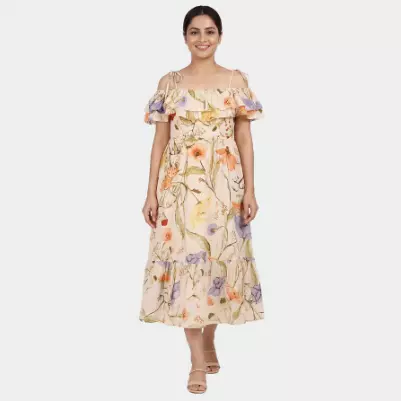 VESTIDO MIDI ESCALONADO FRUNCIDO DE ALGODÓN COLOR MELOCOTÓN - L