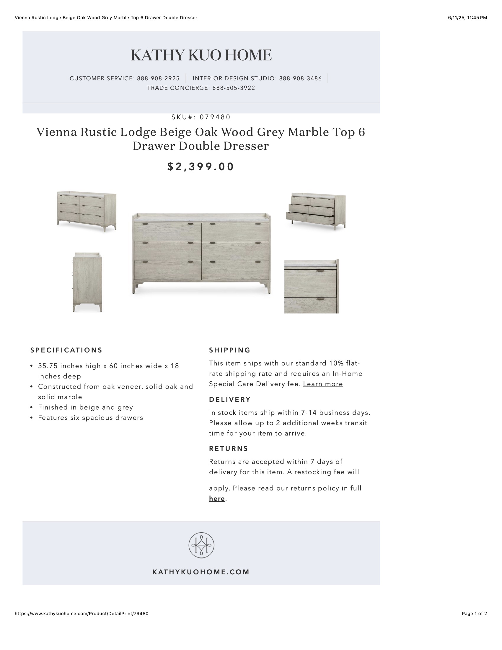 Vienna Rustic Lodge Beige Oak Wood Grey Marble Top 6 Drawer Double Dresser