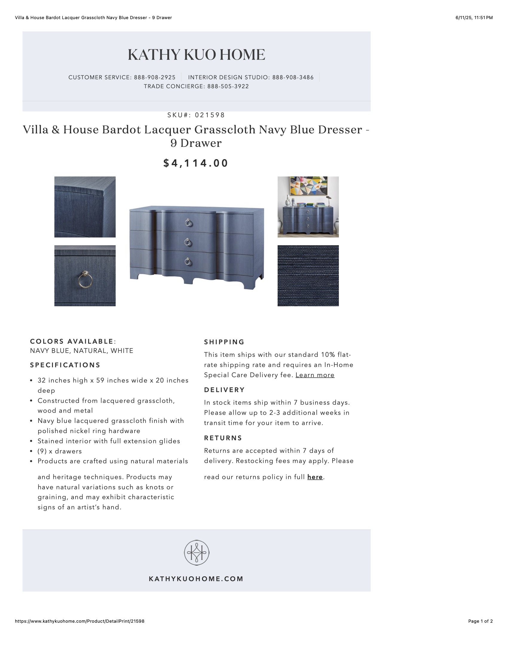 Villa & House Bardot Lacquer Grasscloth Navy Blue Dresser - 9 Drawer