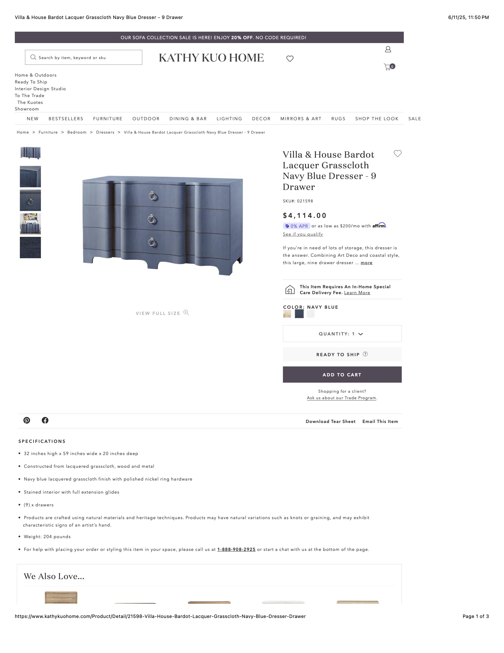 Villa & House Bardot Lacquer Grasscloth Navy Blue Dresser - 9 Drawer