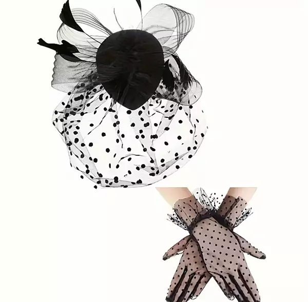 Vintage Hat with Feather Veil And Lace Gloves set