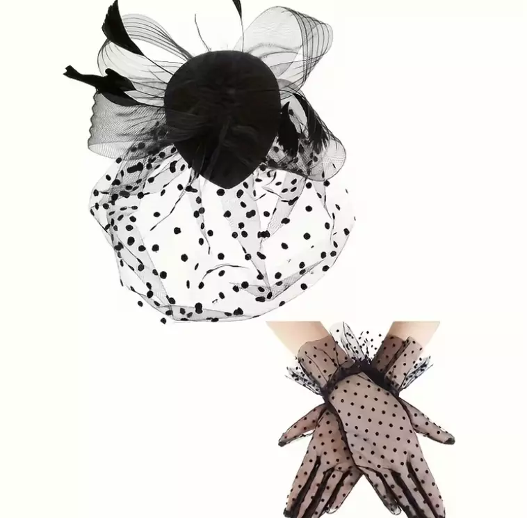 Vintage Hat with Feather Veil And Lace Gloves set