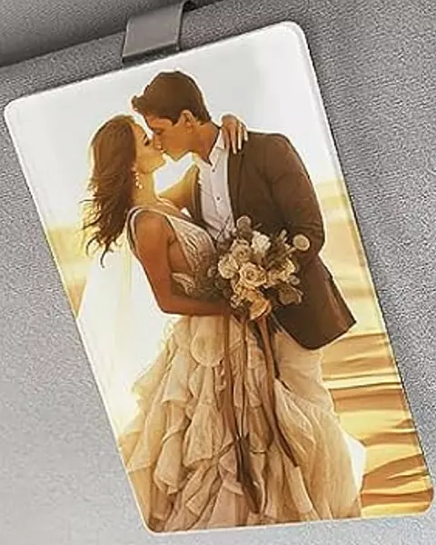 Personalized visor clip featuring custom photo or meaningful automotive keepsake design.