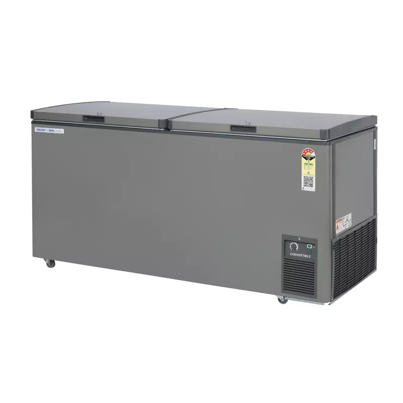 The 4 Star energy rating label displayed prominently on the Voltas 421 Litres freezer.