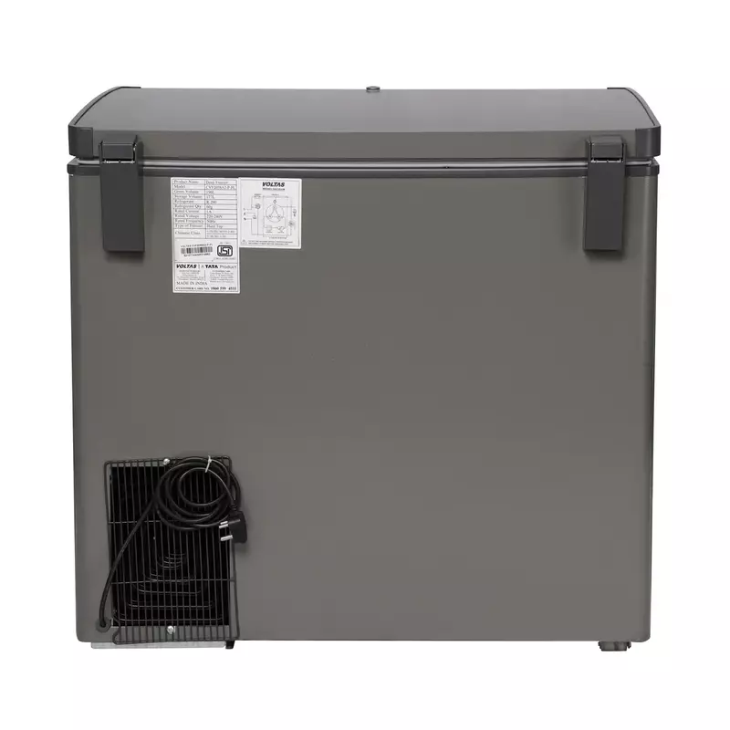 Opening one side of the Voltas double door deep freezer to reveal the spacious interior.