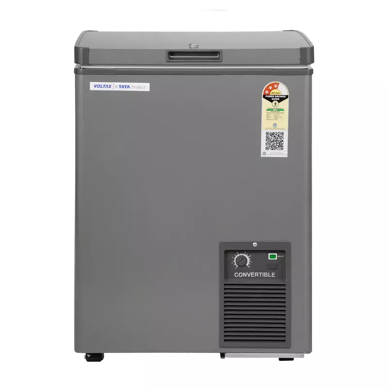 Front view of the Voltas 114 Litres, 3 Star Deep Freezer, highlighting its sunken handle.
