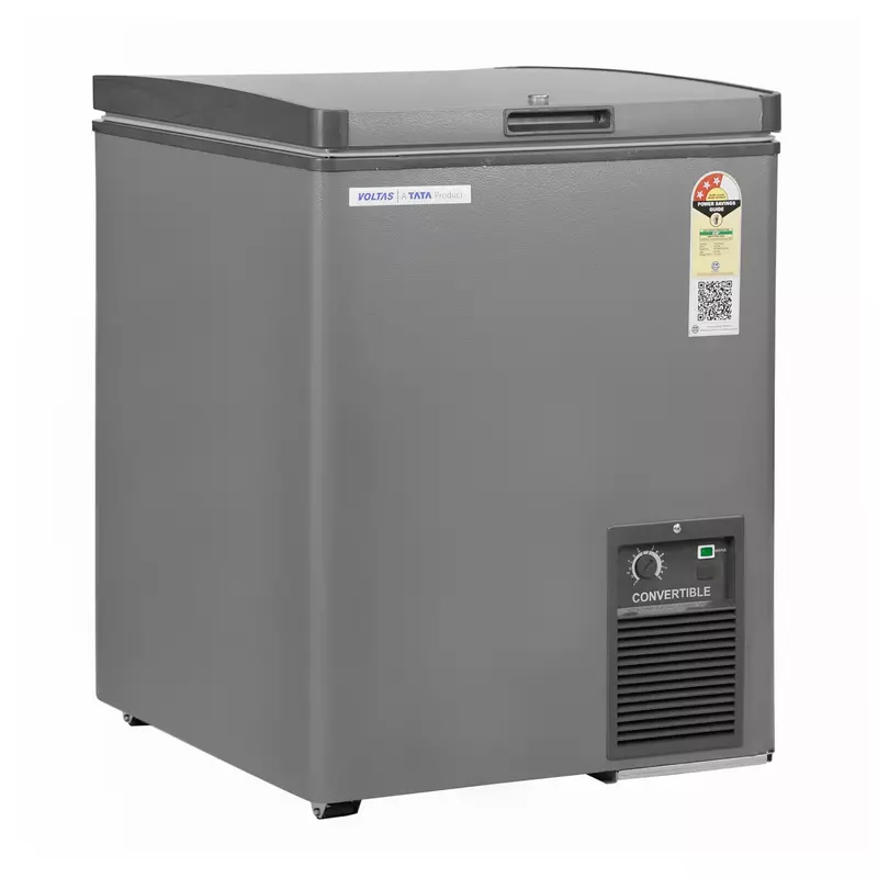 A side profile of the Voltas Convertible Deep Freezer, showcasing its soft aesthetic design.