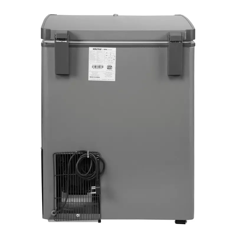 The energy-saving 3 Star rating sticker on the front of the Voltas CVF120SA3-P1-GW freezer.