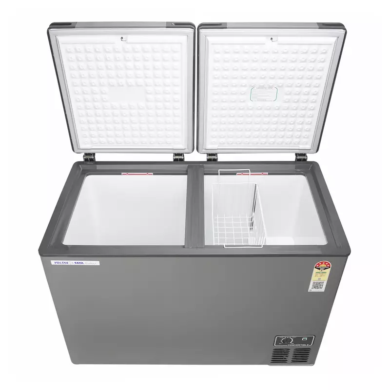 The spacious interior of the Voltas 295-litre deep freezer, filled with frozen goods.