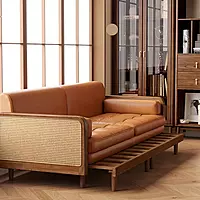 Elegant Wooden Sofa Cum Bed with Cane Design & Leather Upholstery