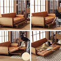 Elegant Wooden Sofa Cum Bed with Cane Design & Leather Upholstery