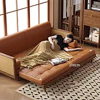 Elegant Wooden Sofa Cum Bed with Cane Design & Leather Upholstery