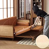 Elegant Wooden Sofa Cum Bed with Cane Design & Leather Upholstery