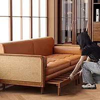 Elegant Wooden Sofa Cum Bed with Cane Design & Leather Upholstery