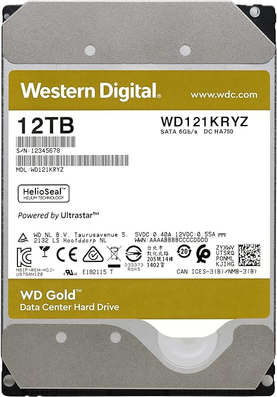 WD Gold Enterprise Class Hard Drive 12TB, 256MB, 7200rpm - WD121KRYZ