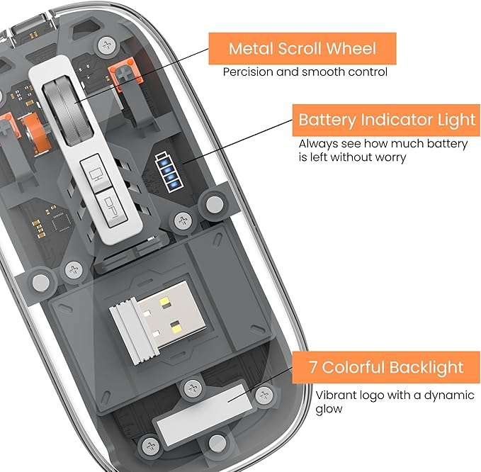 WM105 Crystal Transparent Magnatic Wireless Mouse, Dual-bluetooth +2.4G three-mode, Can connect three devices at the same time - Black
