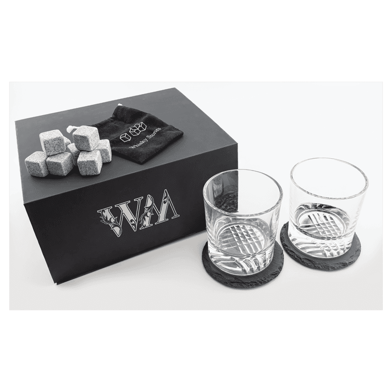 Lazerburst Personalized Whiskey Gift Set – 2 Engraved Glasses, Slate Coasters & Granite Whiskey Stones