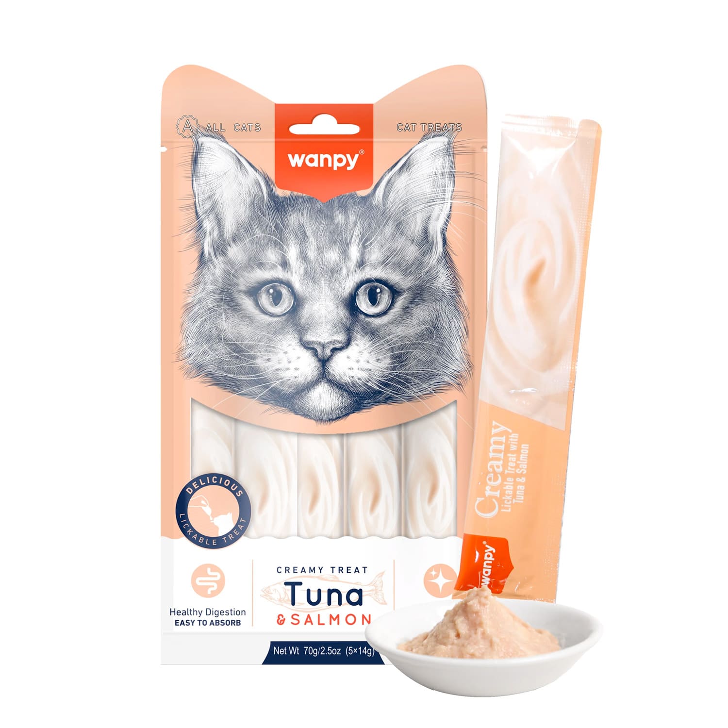 Wanpy Creamy Lickable Cat Treats – Tuna & Salmon (14gx5) Wanpy Creamy Lickable Cat Treats – Tuna & Salmon (14gx5)