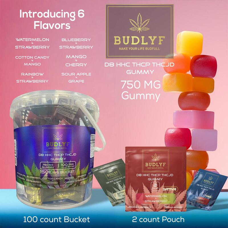 BUDLYF D8|HHC|THCP|THCJD GUMMIES 750MG PER GUMMY | 150K MG BUCKET | 100CT