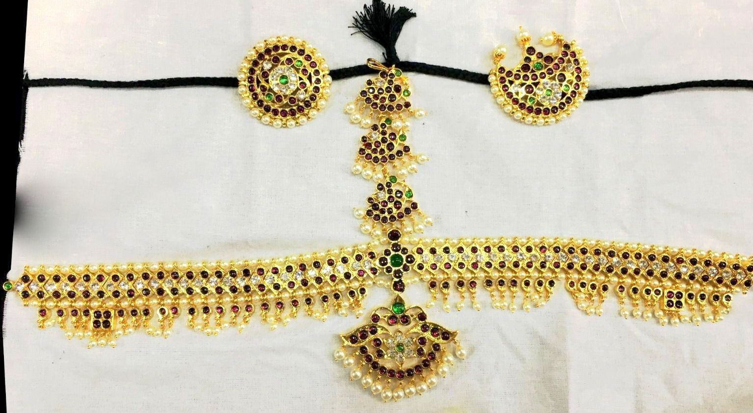 Margam Temple Jewellery Headset with Surya & Chandra Pirai | Copper Base & Real Kempstones | Bridal & Bharatanatyam