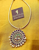 Margam Temple Jewellery – One Gram Gold Finish Copper-Based Attigai Necklace with Real Kempstones & Peacock Pendant