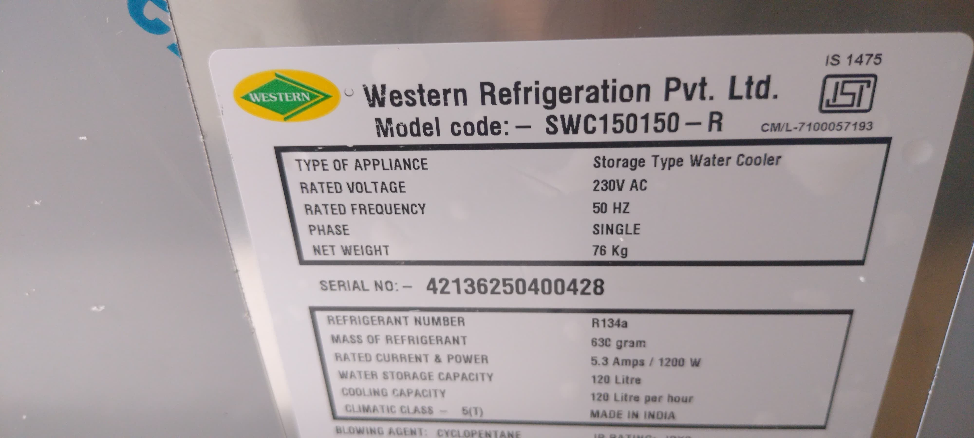 Western Storage Water Cooler SWC Series-SWC150150