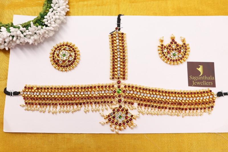 Temple Jewellery β Brass Gold Finish & Artificial/Imitation Kempstones - Headset with Surya & Chandra Pirai/Sun & Moon