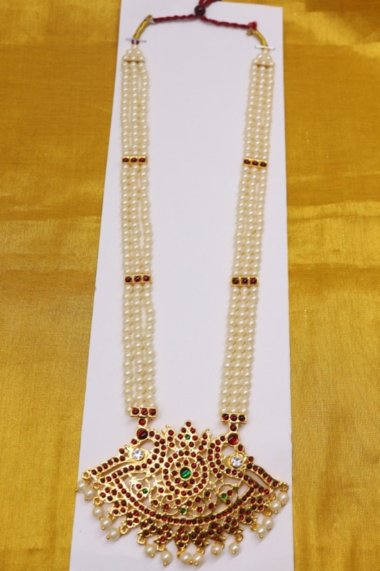 Temple Jewelry - Three Lines Pearls & Kempstones Haram with Pendant Ethnic & Premium Quality