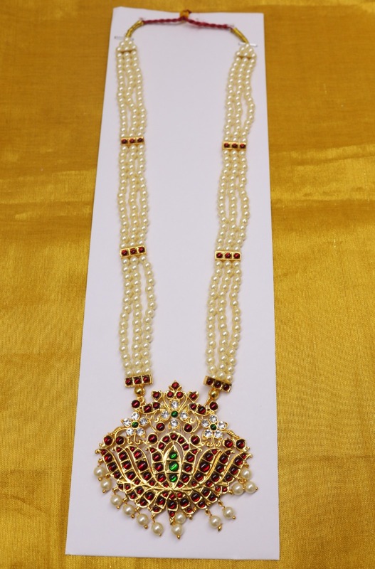 Lotus Pendant Temple Haram with Pearls & Kempstones – Premium Ethnic Jewelry