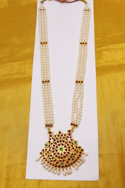 Temple Jewelry - Three Lines Pearls & Kempstones Haram with Pendant