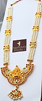 Temple Jewellery - Pearls three lines Haram with Kempstones Goddess Lakshmi Pendant