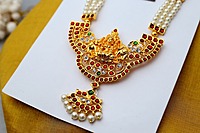 Temple Jewellery - Pearls three lines Haram with Kempstones Goddess Lakshmi Pendant