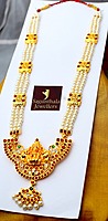 Temple Jewellery - Pearls three lines Haram with Kempstones Goddess Lakshmi Pendant