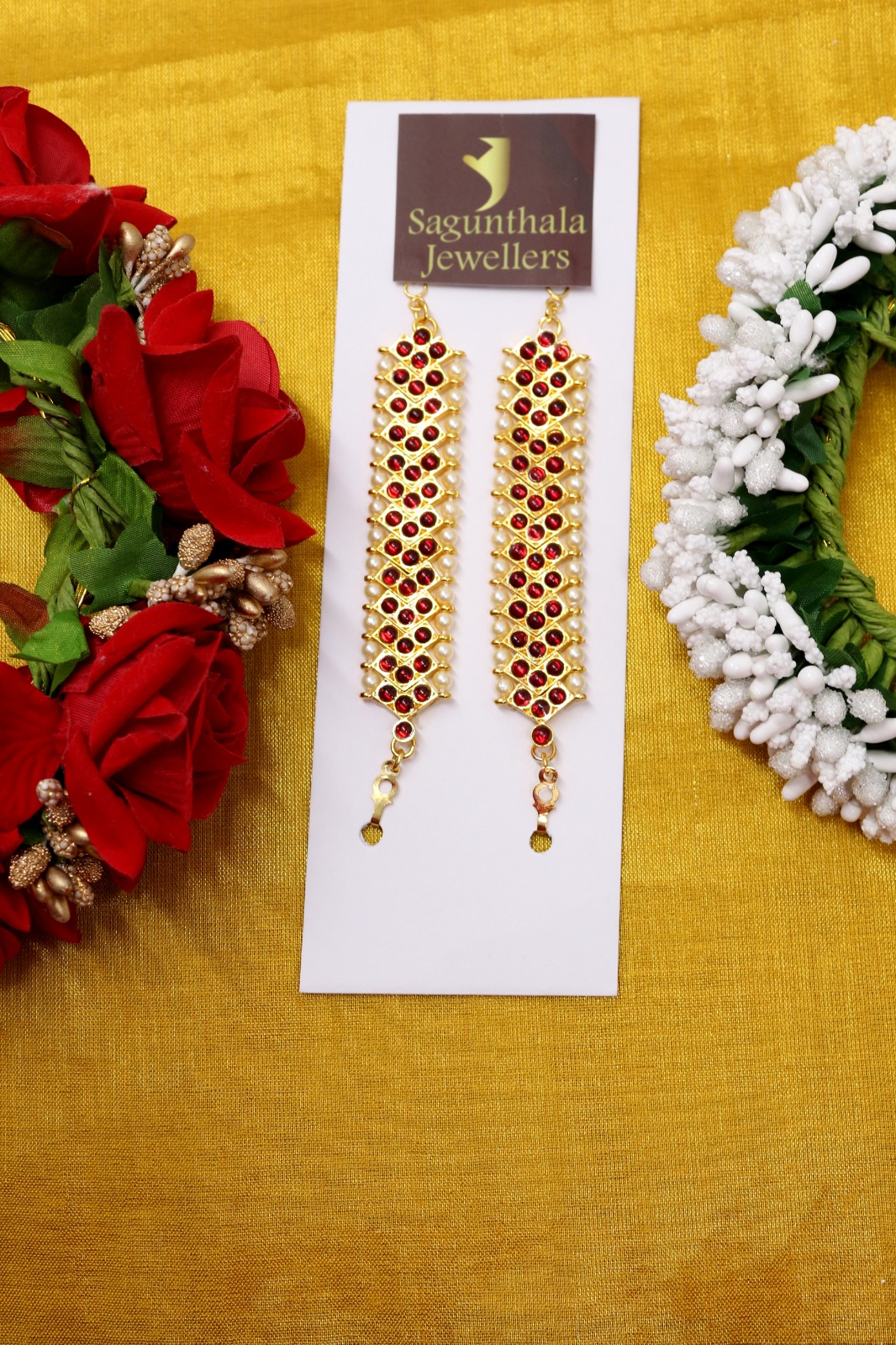 Brass Gold Finish Temple Jewellery Ear Mattal with Kempstones – Traditional Bridal & Bharatanatyam Ear Chain Accessory