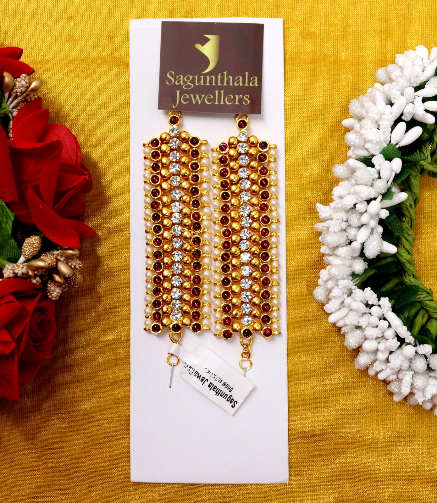 Traditional Brass Gold Finish Kempstones Ear Mattal | Temple Jewellery Ear Chain for Dance, Bridal & Festive Wear