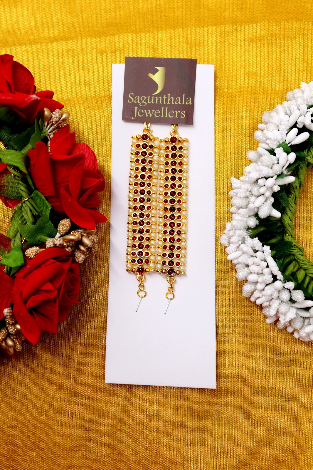 Divine Grace Temple Jewellery Brass Ear Mattal – Gold Plated with Red Kempstones | Traditional Ear Chains for Bridal & Classical Dance